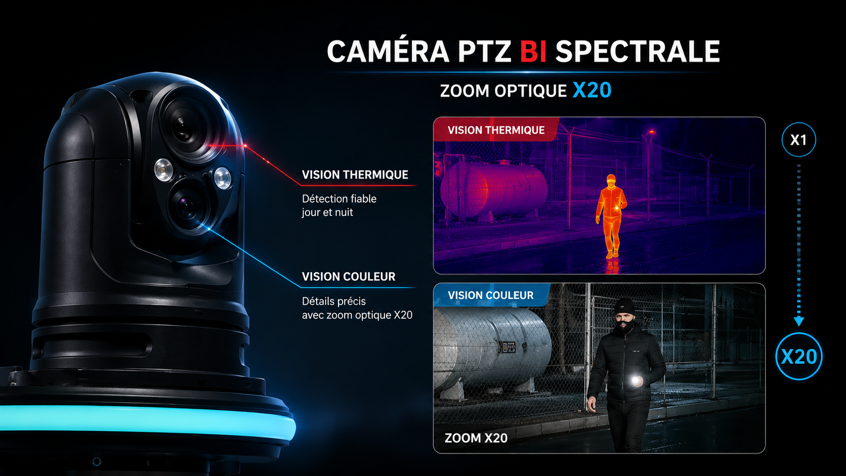 Caméra bi-spectrale Caméra PTZ bispectrale avec vue thermique et exemples de zoom optique ×20 en couleur