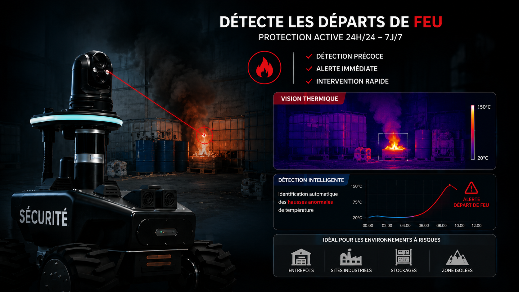 Camera thermique Illustration du robot E-Sentinel et de l’observation thermique d’un départ de feu dans un bâtiment industriel