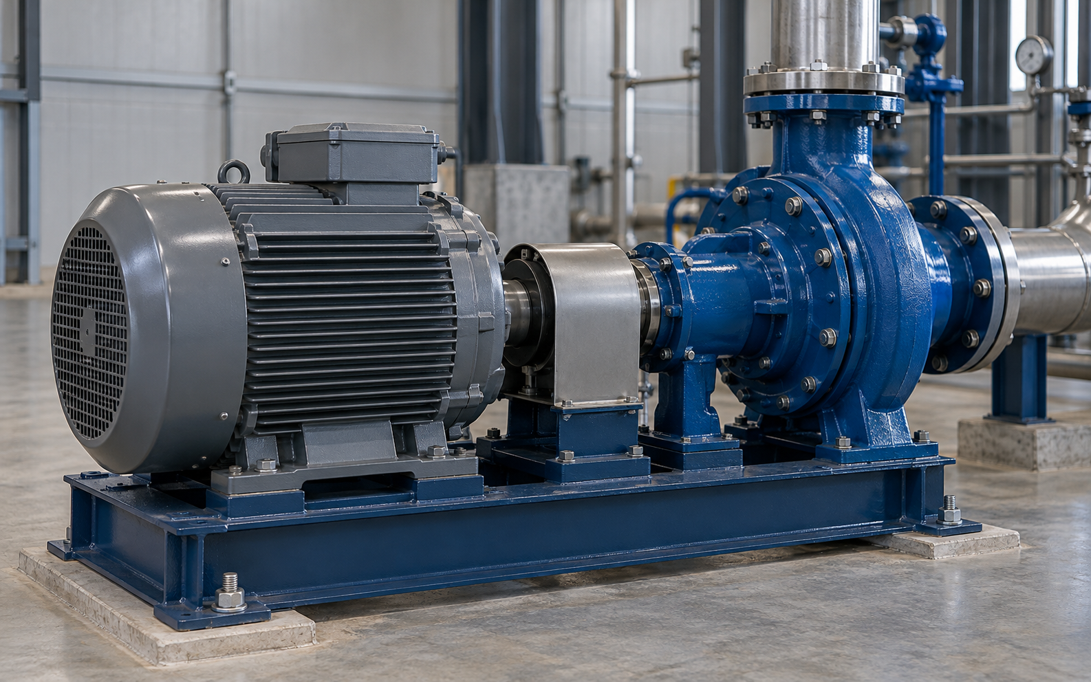 Moteur industriel et pompe bleue Vue couleur d’un moteur industriel gris entraînant une pompe bleue sur un socle métallique