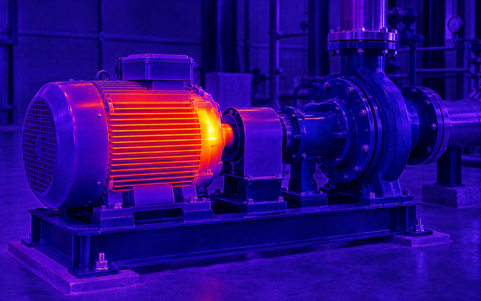 Inspection thermique d’une pompe industrielle Vue thermique du même moteur et de sa pompe, avec un point chaud lumineux sur le moteur