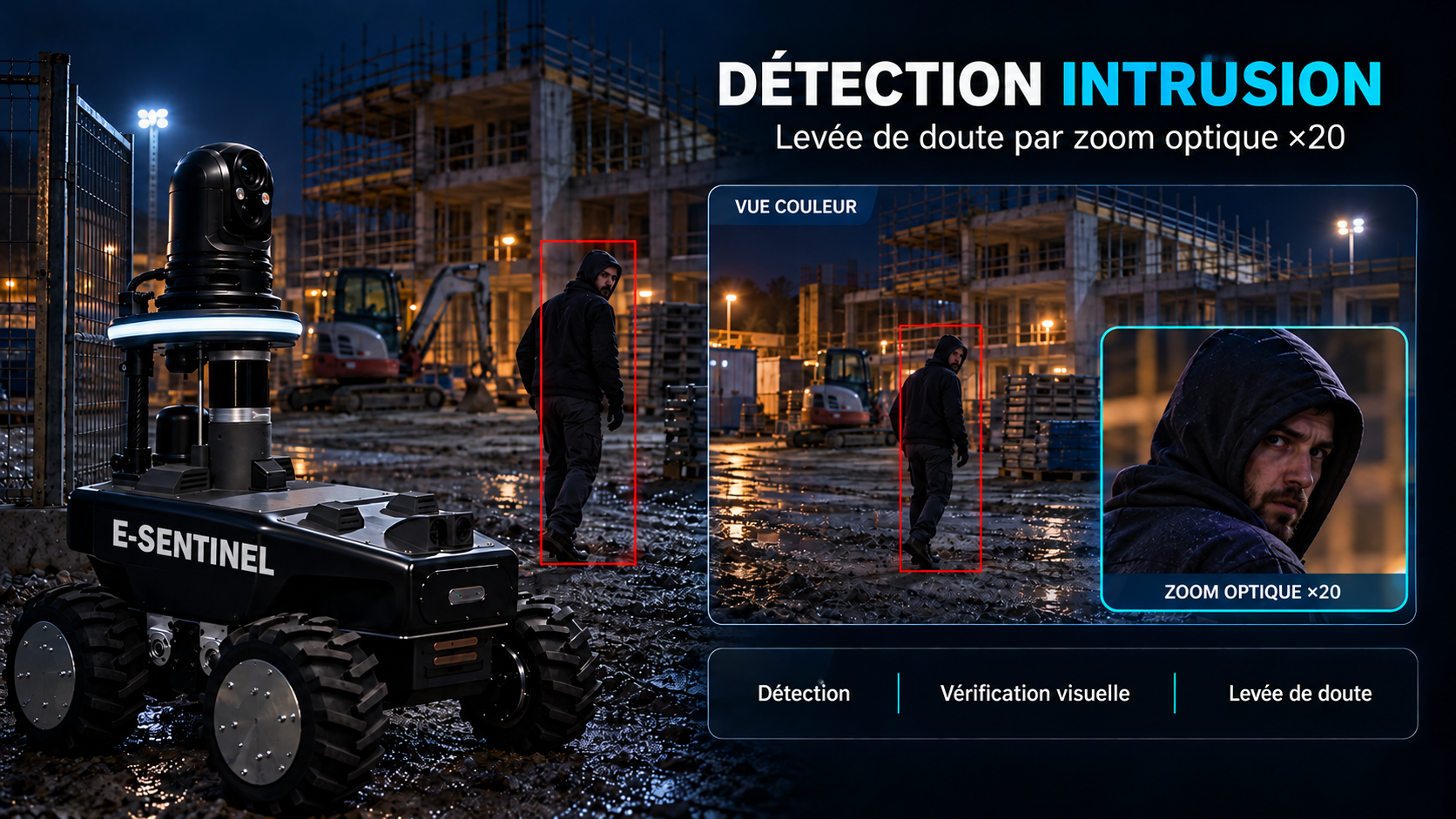 Détection intrusion — Levée de doute par zoom optique ×20 Illustration d’E-Sentinel détectant une personne sur un chantier, avec un agrandissement du visage illustrant le zoom optique ×20.