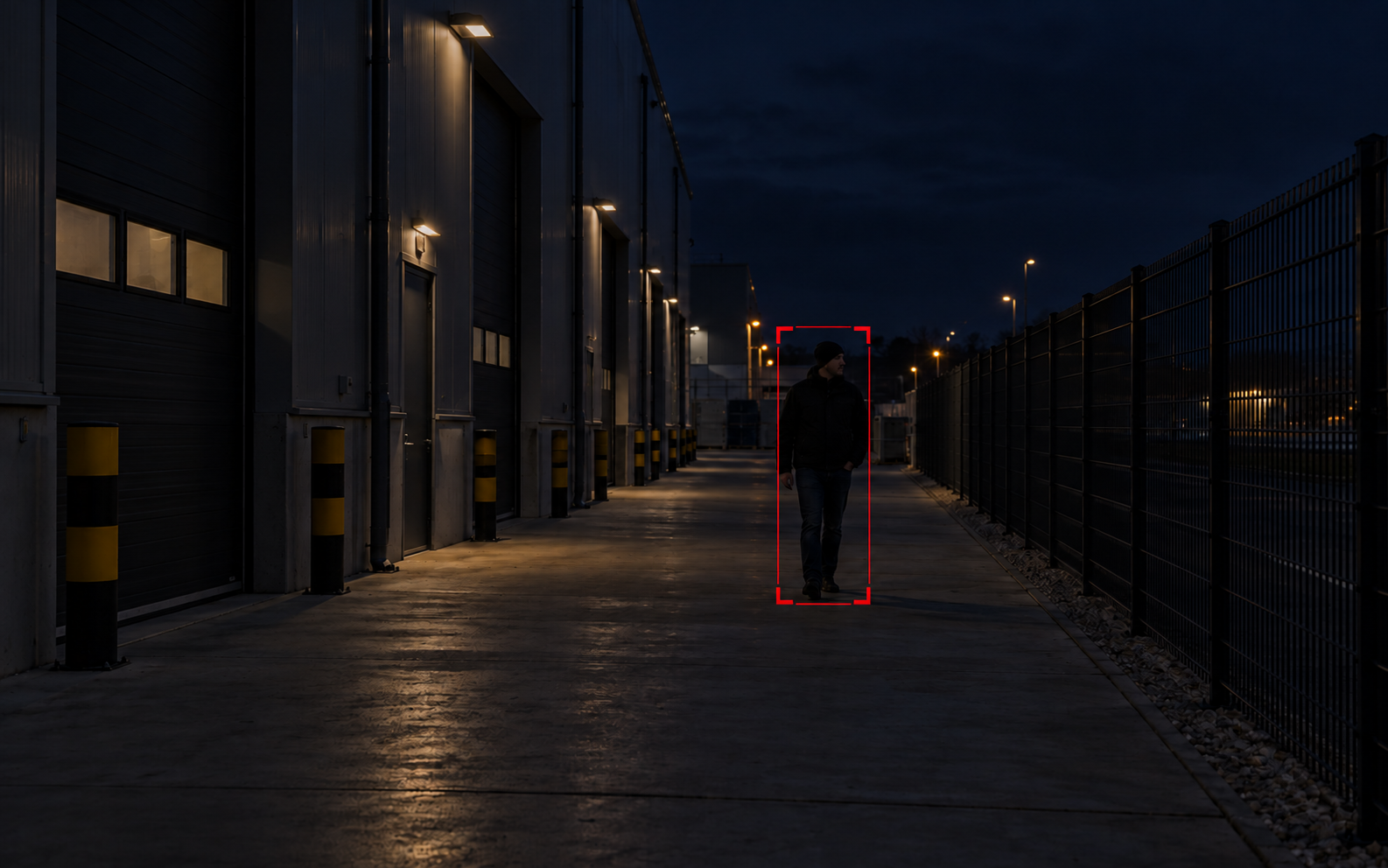 Silhouette nocturne dans l’entrepôt Personne dans une allée industrielle sombre, délimitée par un cadre rouge de détection