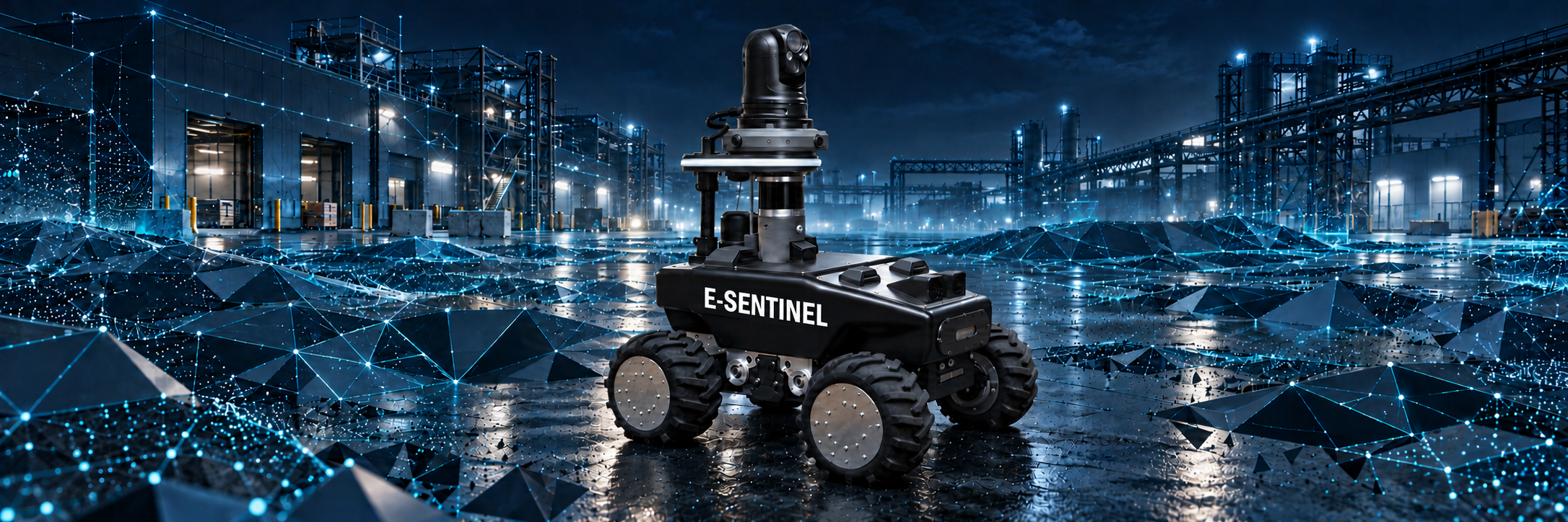 Robot E-Sentinel dans un environnement industriel nocturne avec un réseau filaire cyan.