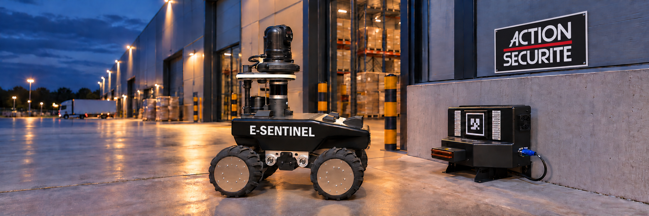Robot E-Sentinel et sa station de charge Robot E-Sentinel et sa station de charge sur un site industriel